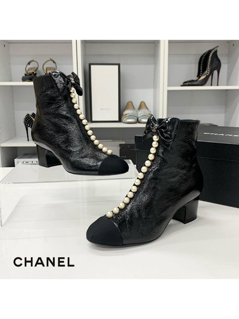 Chanel CC Logo Ribbon Leather Fabric Pearl Short Boots